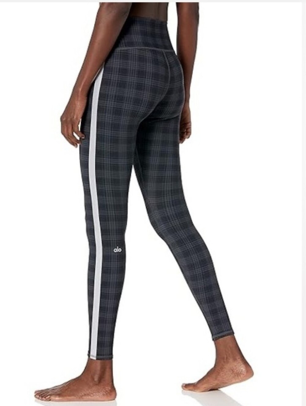 ALO Yoga Black & Gray Plaid High-Waist Leggings with White Side Stripe